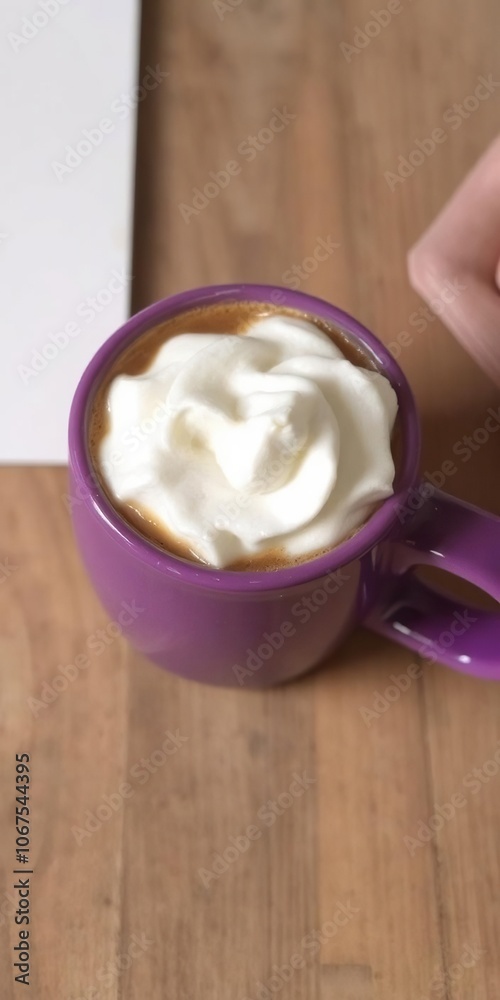 A delicious cup of coffee topped with fluffy whipped cream in a vibrant purple mug, concept, delicious A delicious cup of coffee topped with fluffy whipped cream in a vibrant purple mug, concept, delicious