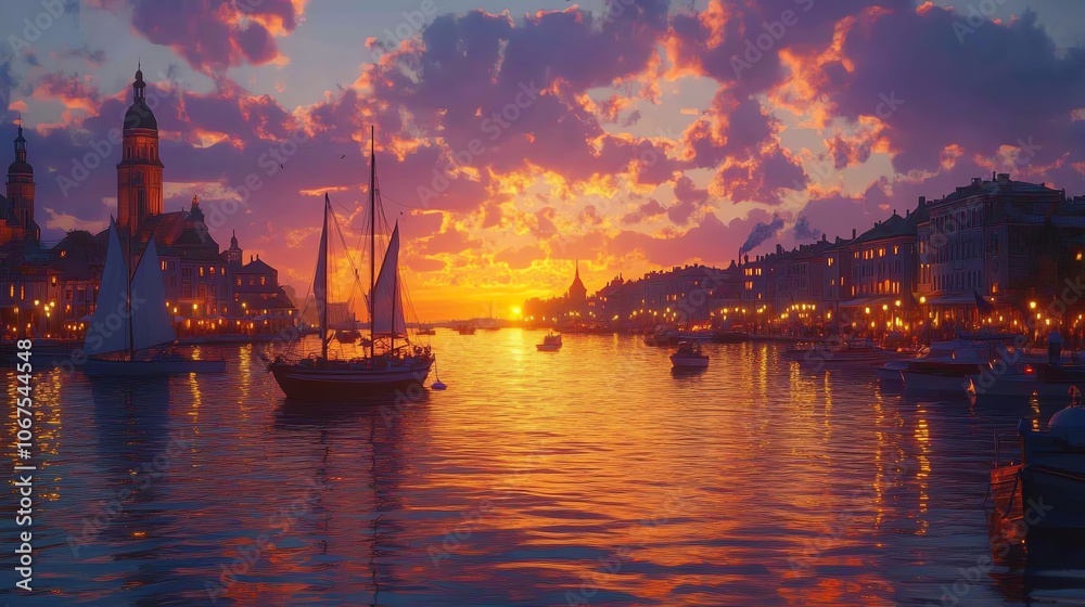 A beautiful harbor at sunset, with boats gently rocking on the water and city lights beginning to glow A beautiful harbor at sunset, with boats gently rocking on the water and city lights beginning to glow