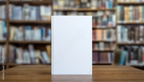 Blank book cover mockup on an empty table in a bookstore. AI generated illustration