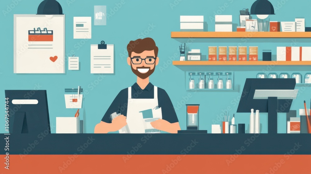 Small business management, with an owner checking stock levels, working behind a counter, vector format Small business management, with an owner checking stock levels, working behind a counter, vector format