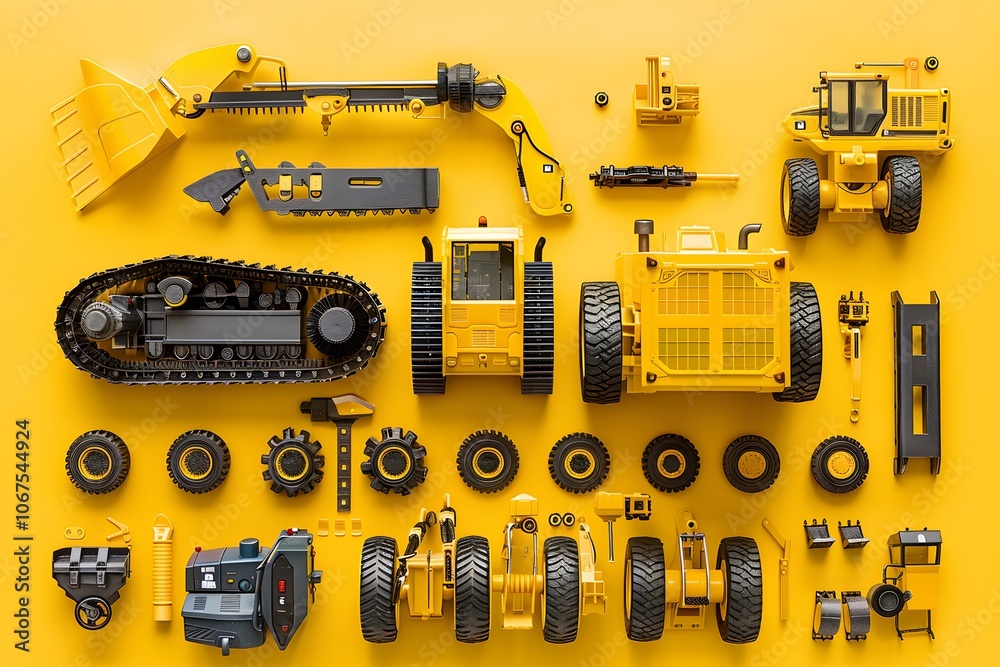Fototapeta premium A Vibrant Collection of Yellow Construction Toy Parts on a Bright Yellow Background