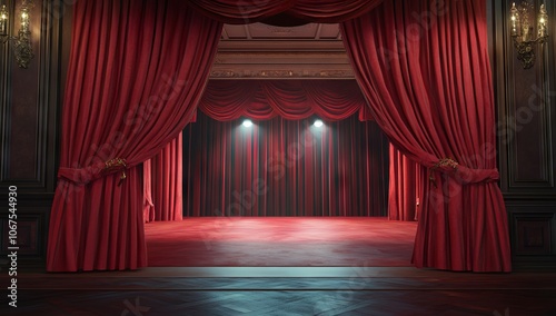 Victorian theater scene with red velvet curtains and spotlight. AI generated illustration