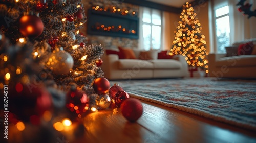 Decorated Christmas tree with red ornaments and lights in a living room with a fireplace and another tree in the background.