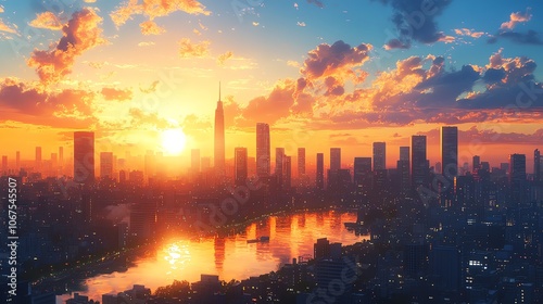 A vibrant cityscape at dusk, with skyscrapers reflecting the golden glow of the setting sun