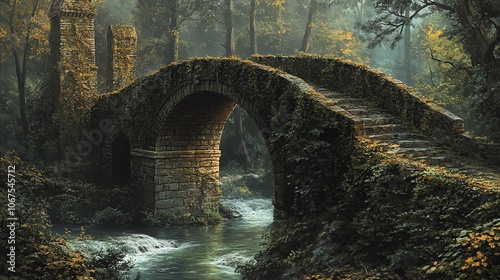 An ancient stone bridge over a gentle river, with ivycovered walls and forest surrounding photo