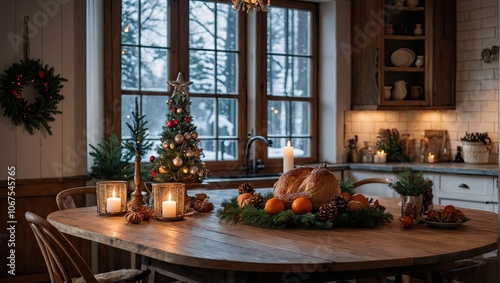 White interior of a cozy modern Christmas kitchen, new Year's mood, preparing for the holiday, utensils. Christmas decor of a contemporary kitchen with a cooked dinner. 