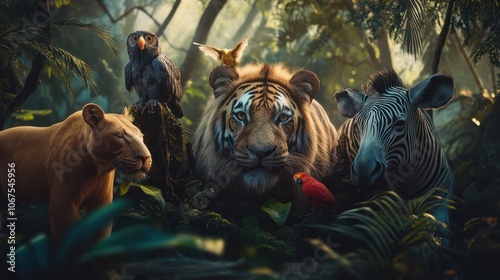 Fototapeta Naklejka Na Ścianę i Meble -  group of wildlife animals in the jungle together