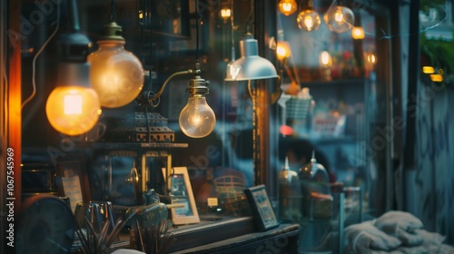 Vintage storefront window with warm glowing lights