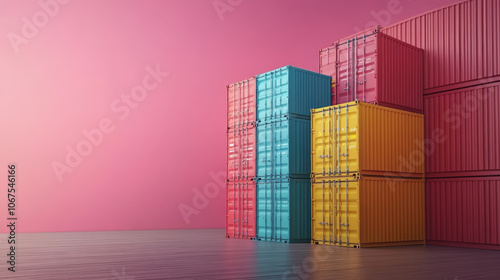 Colorful stack of weathered shipping containers arranged on a bright background, highlighting industrial and logistics themes with vibrant contrast. 