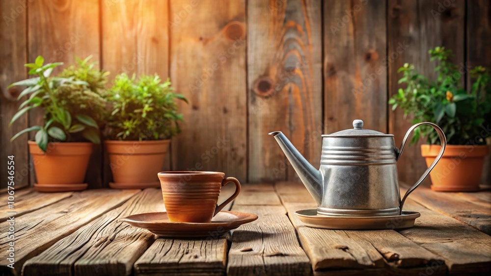 A small watering can and saucer on a rustic wooden table next to a few potted plants, gardening tools, water features, watering can, plant arrangement A small watering can and saucer on a rustic wooden table next to a few potted plants, gardening tools, water features, watering can, plant arrangement