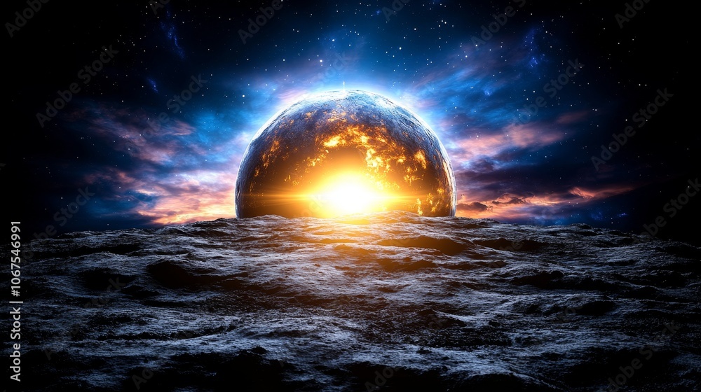 Cosmic Sunrise Glowing Planet Emerging Over a Rocky Surface Cosmic Sunrise Glowing Planet Emerging Over a Rocky Surface