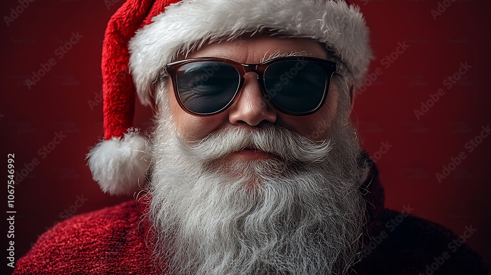 Santa Claus in a joyful pose with sunglasses in a red suit with a modern twist plain isolated background highlights his character Santa Claus in a joyful pose with sunglasses in a red suit with a modern twist plain isolated background highlights his character
