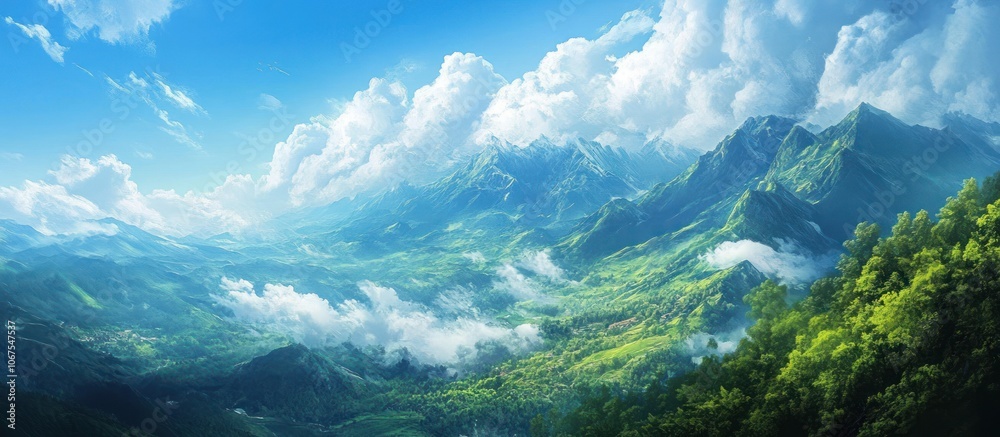 A scenic panorama of a mountain range with lush green vegetation and wispy clouds under a clear blue sky. A scenic panorama of a mountain range with lush green vegetation and wispy clouds under a clear blue sky.