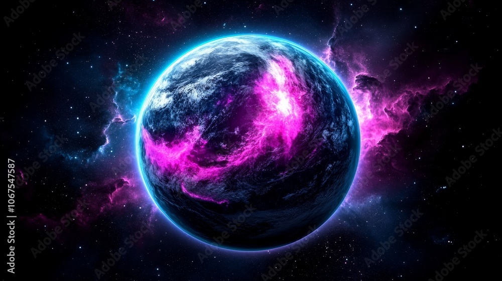 Obraz premium Futuristic Planet with Neon Glow and Nebula Background