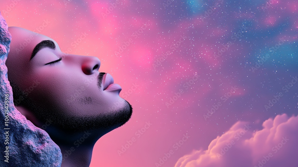 Man Gazing at the Night Sky with Stars and Clouds Man Gazing at the Night Sky with Stars and Clouds