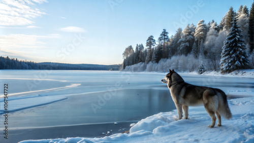 Husky dog standing by frozen lake surrounded by snowy trees and clear blue sky.