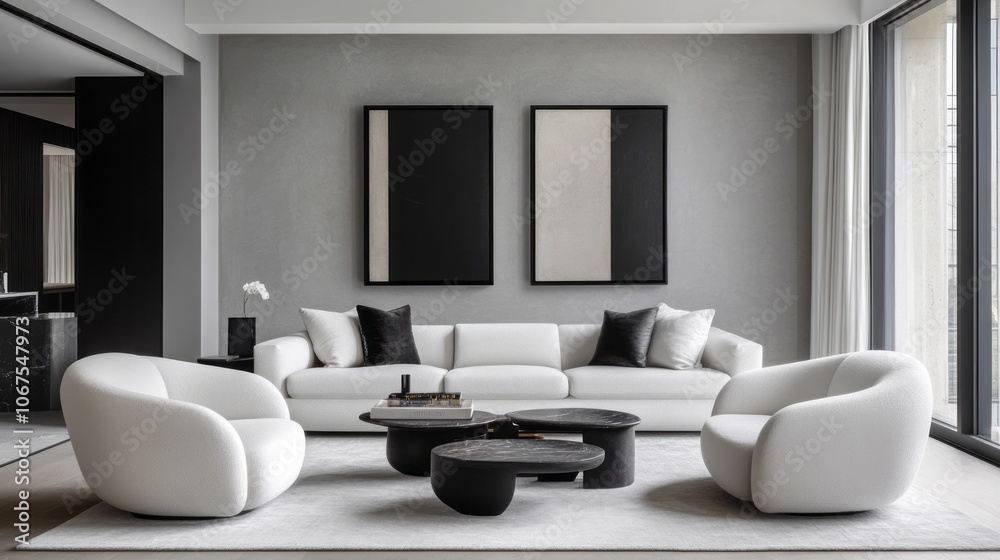 Obraz premium Modern Living Room with White Sofa, Armchairs, and Coffee Tables