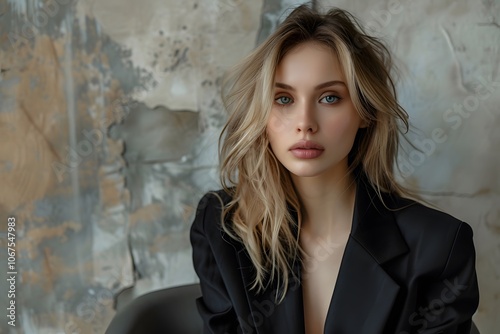 Captivating Portrait of a Young Woman in a Stylish Black Blazer Against a Textured Background