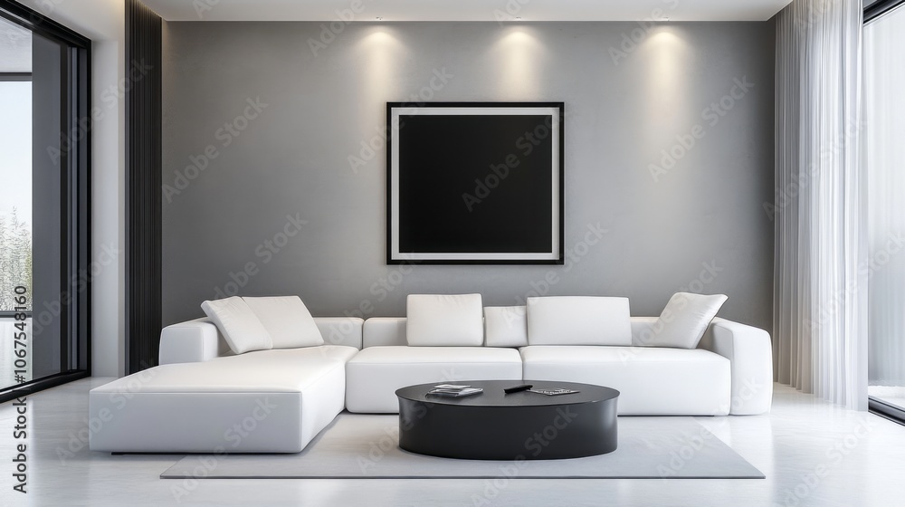 Modern Living Room Interior with White Sectional Sofa and Black Coffee Table Modern Living Room Interior with White Sectional Sofa and Black Coffee Table