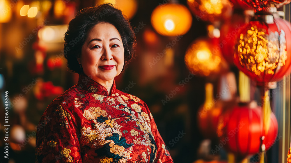 Smiling woman in ornate red Chinese attire with gold details, standing with glowing lanterns in festive background, celebrating Chinese New Year. Smiling woman in ornate red Chinese attire with gold details, standing with glowing lanterns in festive background, celebrating Chinese New Year.
