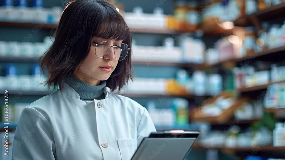 This dedicated pharmacist reviews patient medication history in a busy pharmacy. This dedicated pharmacist reviews patient medication history in a busy pharmacy.