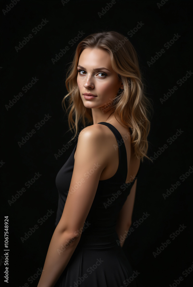 Full Body Female Model Isolated on a Black Backdrop Wearing Classy Attire for a Magazine Photoshoot Full Body Female Model Isolated on a Black Backdrop Wearing Classy Attire for a Magazine Photoshoot