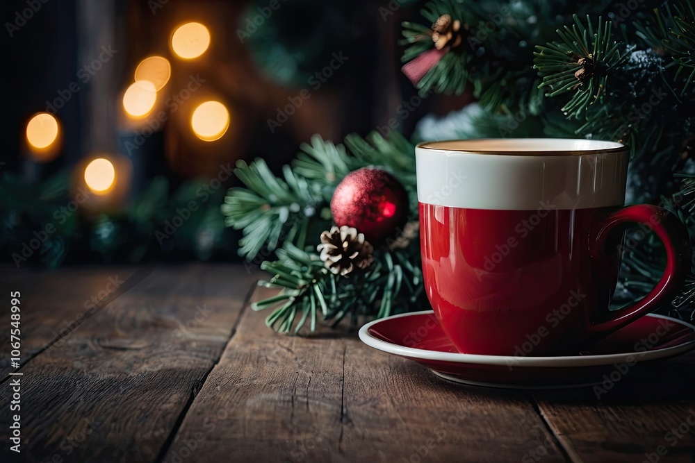 A Christmas cozy mug with a hot drink on a festive background with garland lights, Christmas decor and copyspace. New Year card A Christmas cozy mug with a hot drink on a festive background with garland lights, Christmas decor and copyspace. New Year card