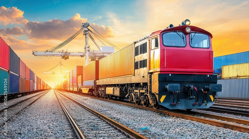 Train carrying containers along a beautiful railway during sunset. Transportation concept. Train carrying containers along a beautiful railway during sunset. Transportation concept.