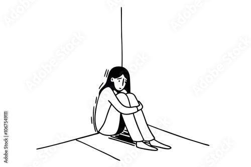 Sad woman in depression sitting in the corner of the room. Mental health problems concept design. Line art illustration	