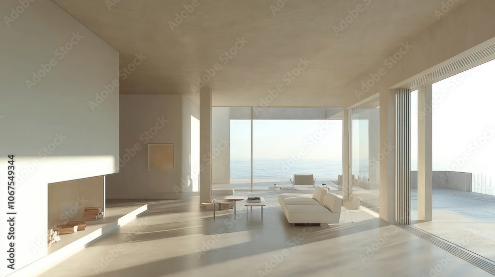 Fototapeta premium Minimalist living room with large windows overlooking the ocean.
