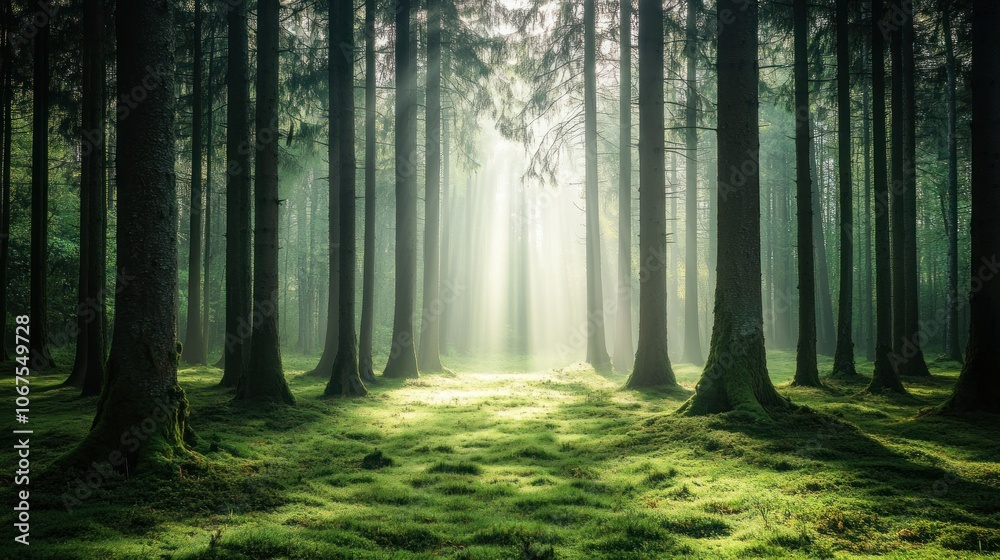 Obraz premium Sunbeams illuminate a misty forest path, creating a serene and magical atmosphere.
