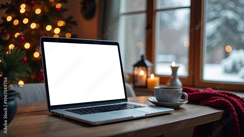 Laptop with a white screen mock up on table in the cozy home office of Christmas decor in loft style. Laptop with a white screen mock up on table in the cozy home office of Christmas decor in loft style.