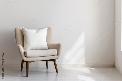 A blank white cushion pillow mockup on a modern midcentury chair against a white Wall. Modern minimalist cushion mockup