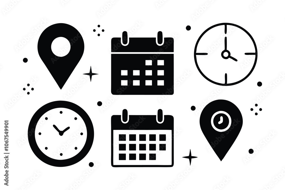 Obraz premium Time, Date, and Location Editable Stroke Icons Set - Minimalist Flat Vector Illustration for Navigation, UI, and UX Design