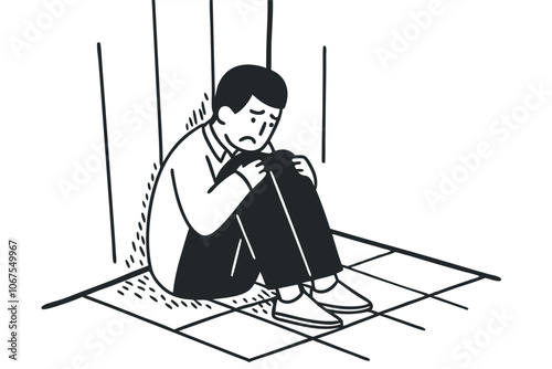Sad man in depression sitting in the corner of the room. Mental health problems concept design. Line art illustration	