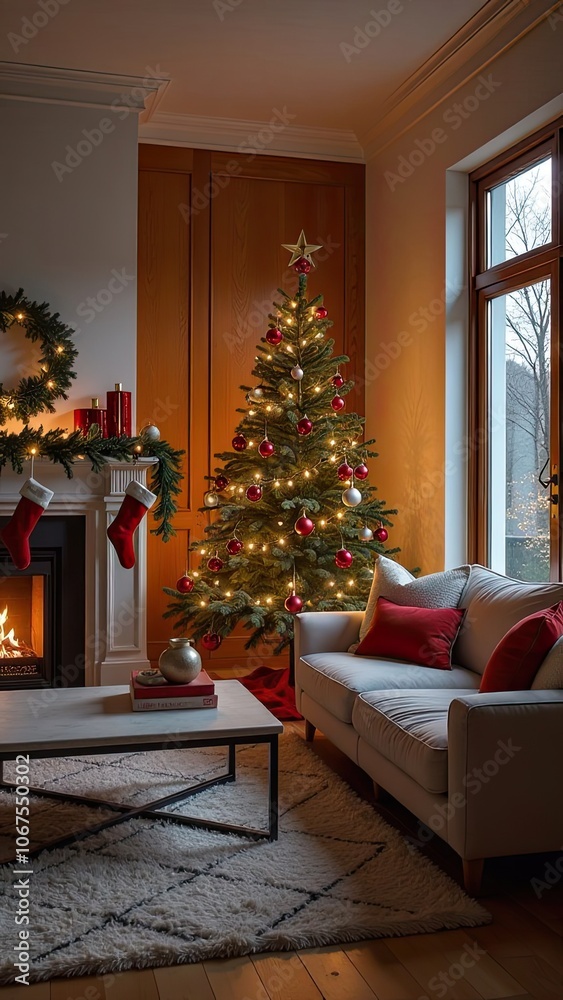The modern bright interior of the living room of the house with a fireplace with Christmas decor, warm golden lights of garlands, large windows with snow and winter. Christmas Eve, New Year at home The modern bright interior of the living room of the house with a fireplace with Christmas decor, warm golden lights of garlands, large windows with snow and winter. Christmas Eve, New Year at home