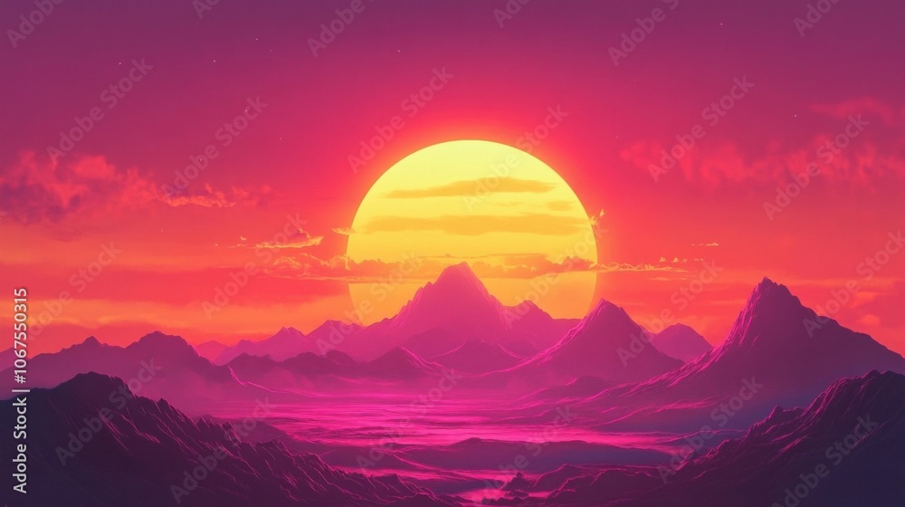 Sunset over landscape vector, depicting a dramatic sunset with orange and pink hues over a mountain range Sunset over landscape vector, depicting a dramatic sunset with orange and pink hues over a mountain range