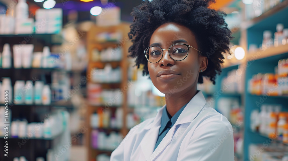 Portrait of a confident black female pharmacist standing in a well-stocked pharmacy. The professional is smiling, showcasing dedication to patient care and expertise in healthcare and medicine
