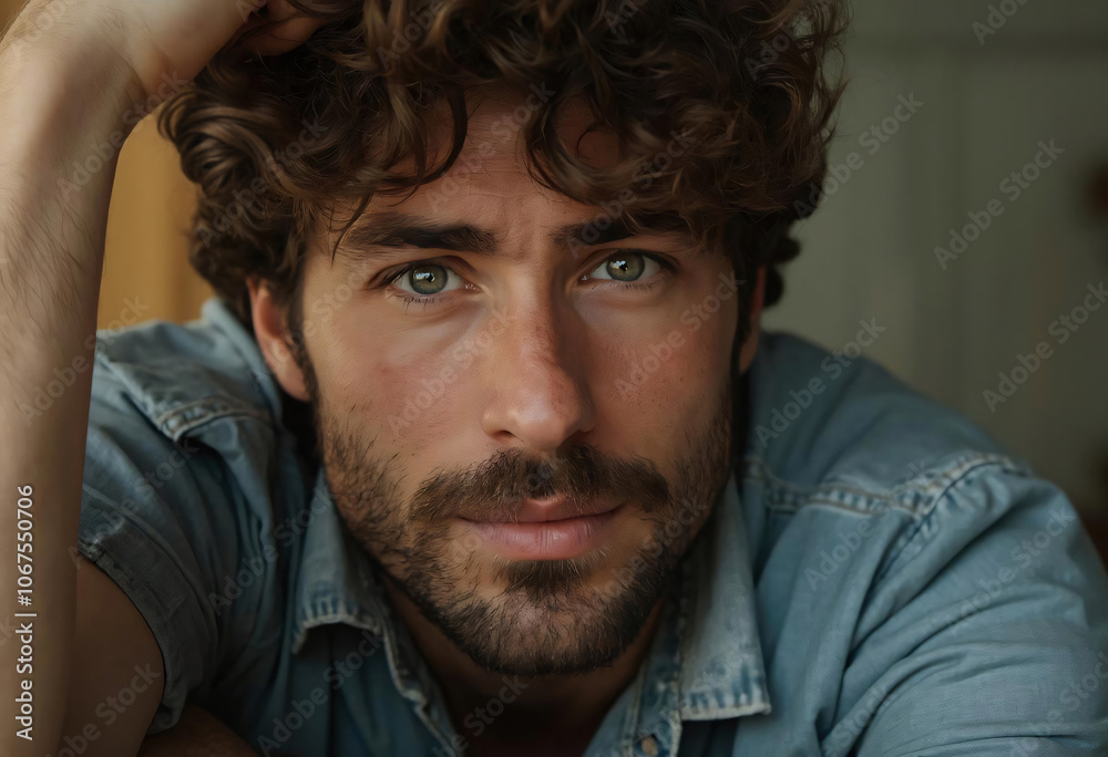 Casual Male Portrait in Natural Light: Close-up portrait of a man with tousled dark curly hair and beard, wearing a light denim shirt. Shot in soft natural lighting with shallow depth of field. Casual Male Portrait in Natural Light: Close-up portrait of a man with tousled dark curly hair and beard, wearing a light denim shirt. Shot in soft natural lighting with shallow depth of field.