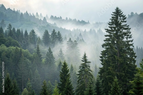 Dense fir forest with misty fog covering the landscape, serene environment, woodland scenery