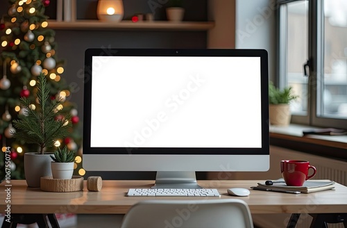 Laptop with a white screen mock up on table in the cozy home office of Christmas decor in loft style.  photo