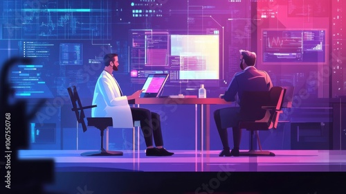 Telemedicine concept, showing a doctor consulting a patient through a digital interface, flat vector design