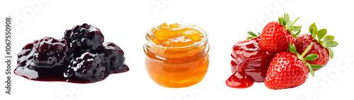 Jar of homemade strawberry marmalade, grape, fig jam and apricot jelly isolated on white transparent background, ideal for food lovers and health conscious themes photo