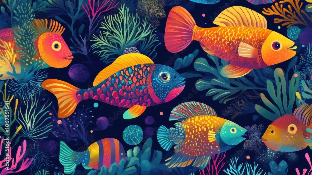 Tropical fish illustration, depicting exotic fish with vibrant patterns swimming near corals, bright and colorful