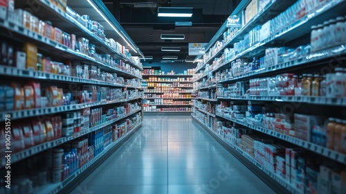 Empty supermarket aisle under bright lights