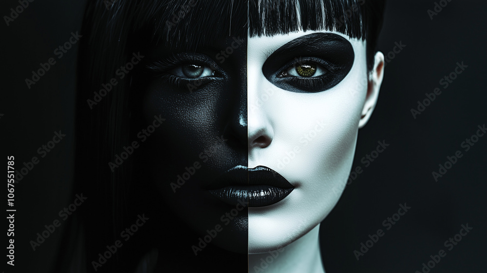 Striking portrait of a woman with half-dark and half-light makeup, emphasizing contrast and symmetry Striking portrait of a woman with half-dark and half-light makeup, emphasizing contrast and symmetry