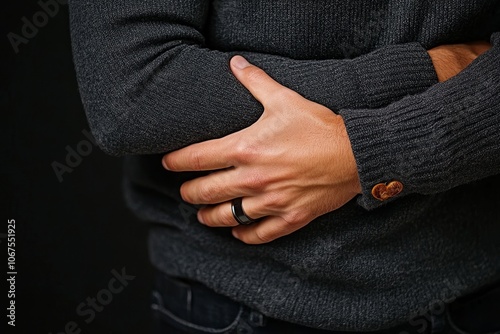 A close-up of a man’s hands resting on his arms while wearing a dark sweater against a neutral backdrop showcasing intimacy photo