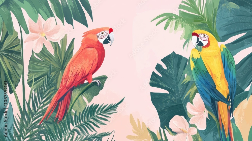 Tropical plants illustration, showing exotic plants like orchids and ferns, surrounded by parrots Tropical plants illustration, showing exotic plants like orchids and ferns, surrounded by parrots