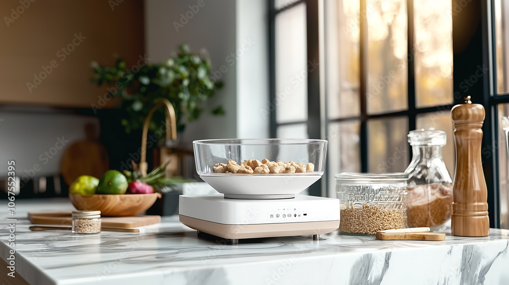 food scale on a sleek marble counter, pastel lighting providing a warm and sophisticated look