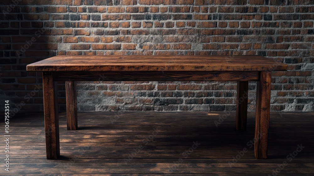 Old wooden table with brick background dark Old wooden table with brick background dark